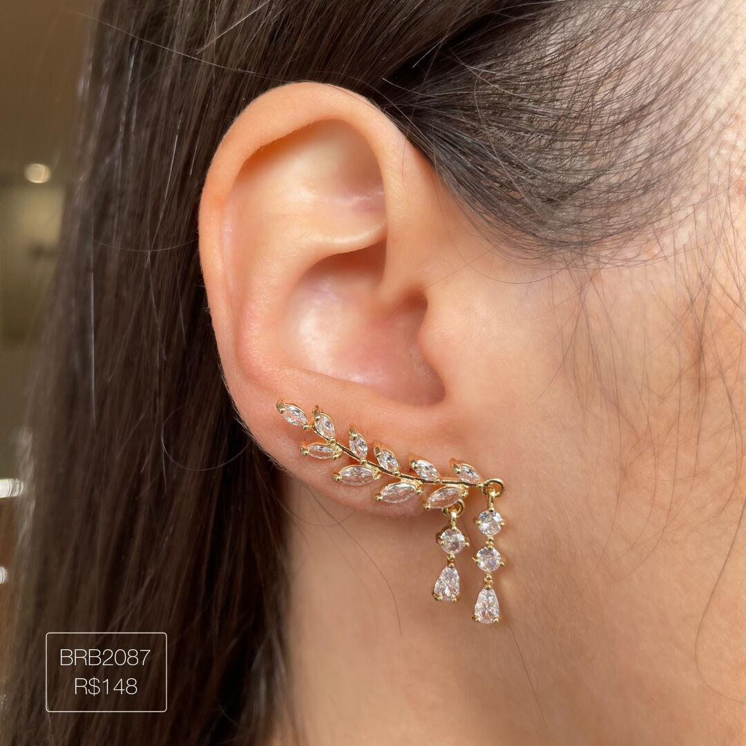 Brinco Ear Cuff Mini Navetes + 1 Gota e 2 Zircs Penduradas Cristal Dourada